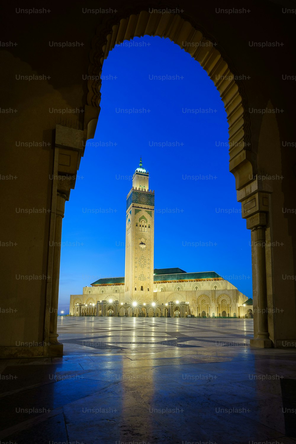 A vertical shot of the Hassan II Mosque in Casablanca, Morocco