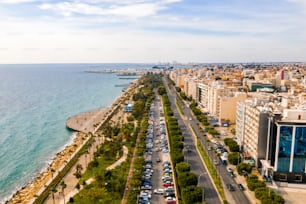 An aerial shot of the city resort of Limassol, Cyprus, on a bright sunny day