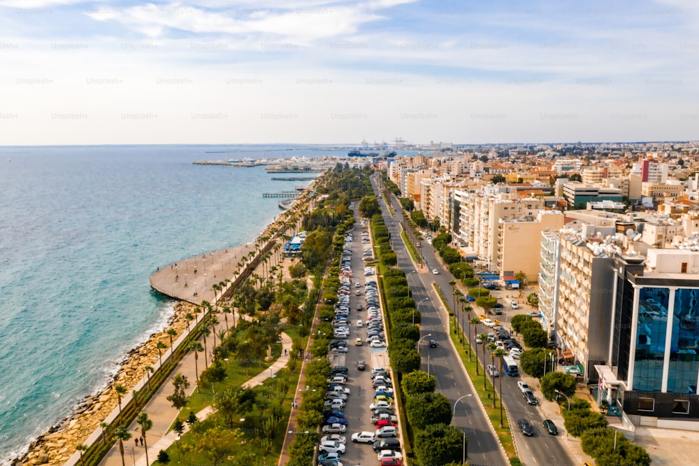 An aerial shot of the city resort of Limassol, Cyprus, on a bright sunny day