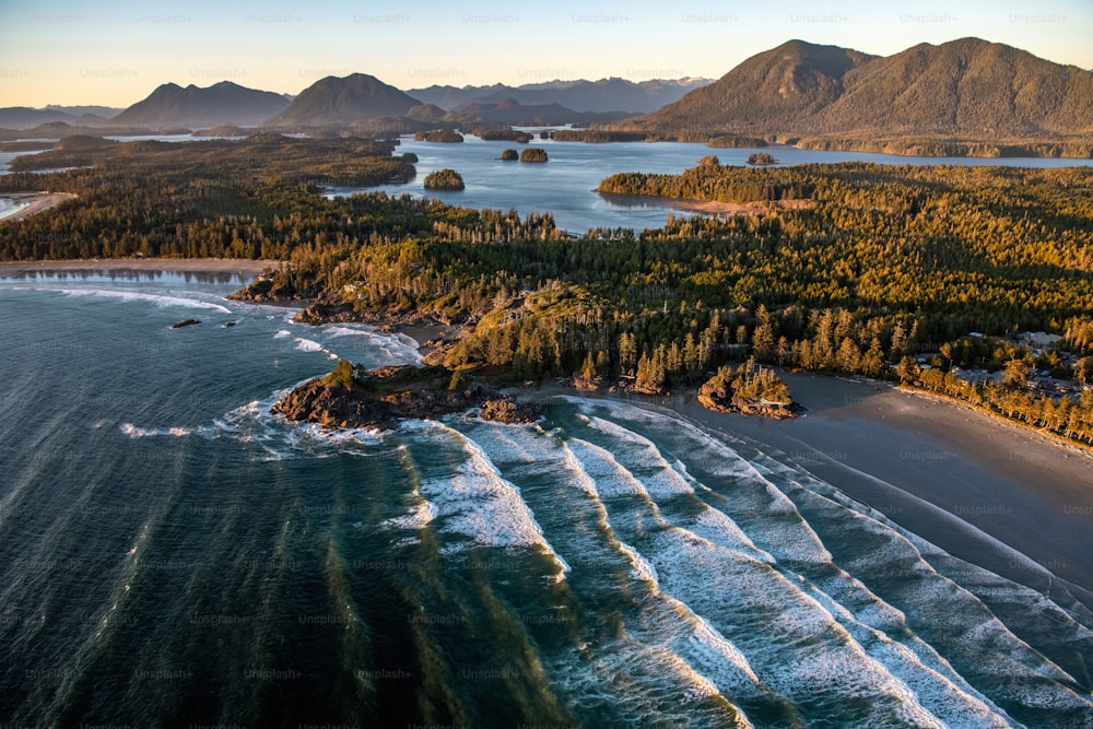Un paesaggio di Tofino immerso nel verde circondato dal mare nelle isole di Vancouver, in Canada