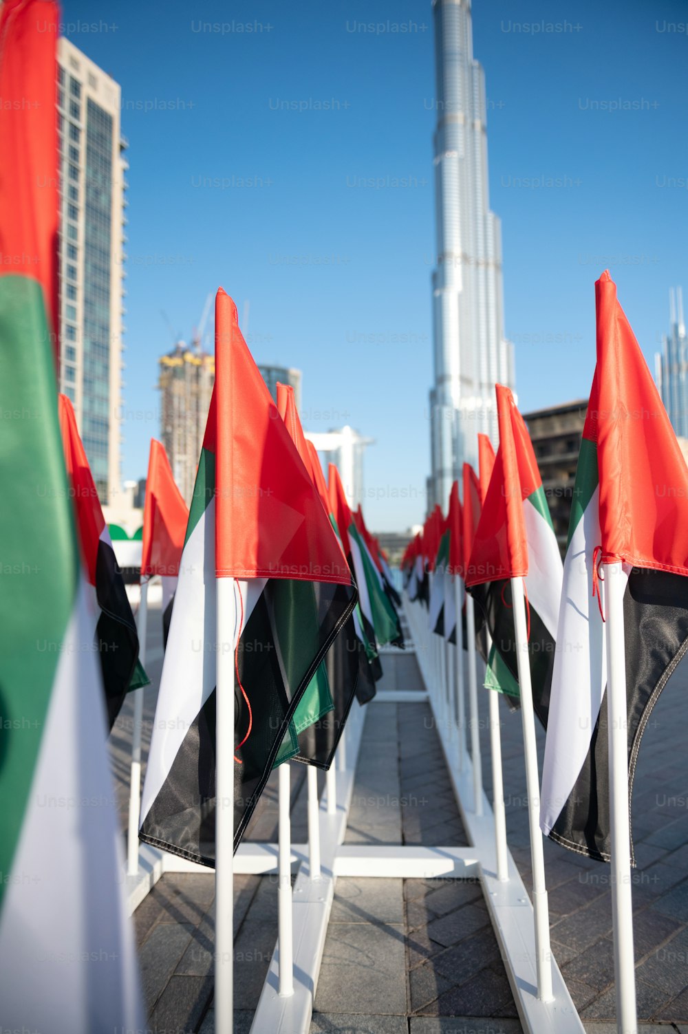 A vertical shot of many flagpoles with the flags of Dubai