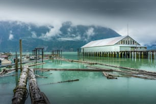 A high angle shot of the Queen Charlotte Sound, Bella Coola, in Canada under the cloudy sky