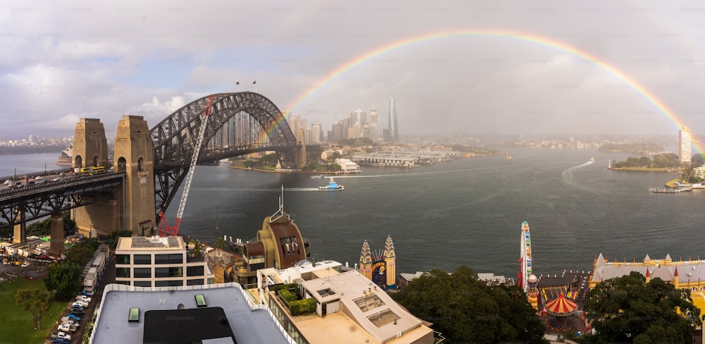 A beautiful, panoramic view of a rainbow over the Sydney Harbour Bridge in Sydney, Australia