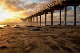 A scenic view of Ellen Browning Scripps Memorial Pier in California during sunset