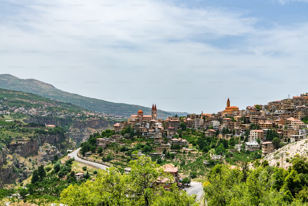 View of Bcharre (Bsharri) in Lebanon. The town has the only preserved original Cedars of God (Cedrus libani)