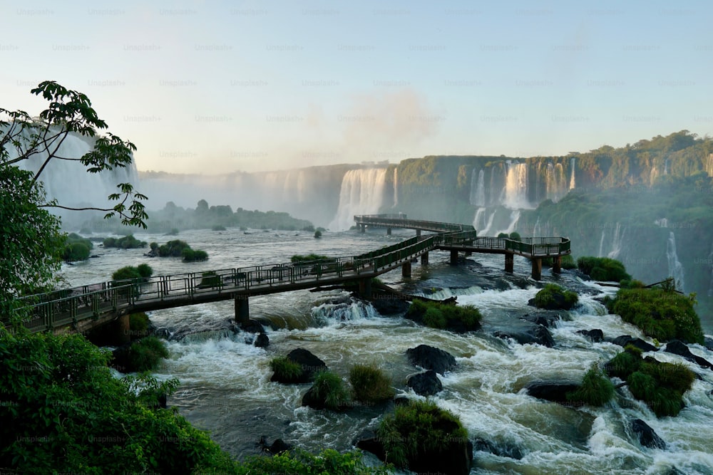 A beautiful shot of the bridge in Iguazu Falls, Brazil