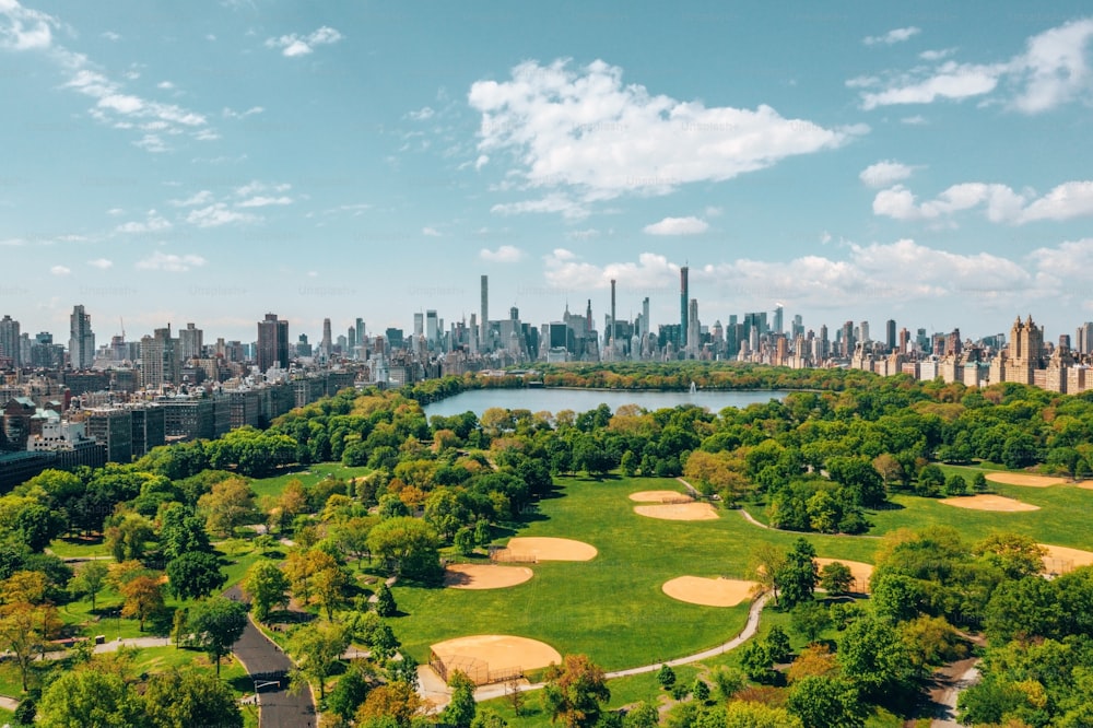 An aerial view of the Central Park in Manhattan, New York City surrounded by skyscrapers