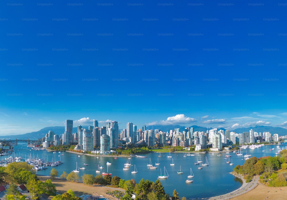 A beautiful shot of the Vancouver skyline on a sunny day in British Columbia, Canada