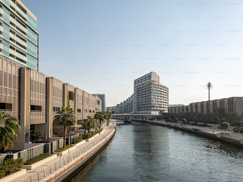 The canal and buildings in the new Al Raha Beach neighbourhood in Abu Dhabi. Al Raha Beach is a mixed-use development with waterfront apartments.
