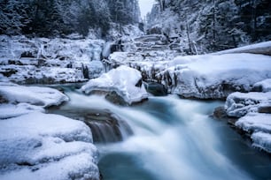 Scenic view of frozen waterfall surrounded by rocks in cold winter day in Myra falls Vancouver Island BC Canada