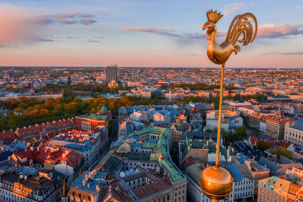 A bela vista do galo dourado no topo de um antigo edifício em Riga, Letônia