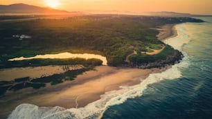 Aerial view of puerto escondido oaxaca beach Mexico at sunset