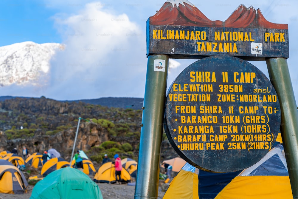Uma foto de ângulo baixo de uma placa na entrada do Parque Nacional Kilimanjaro, na Tanzânia