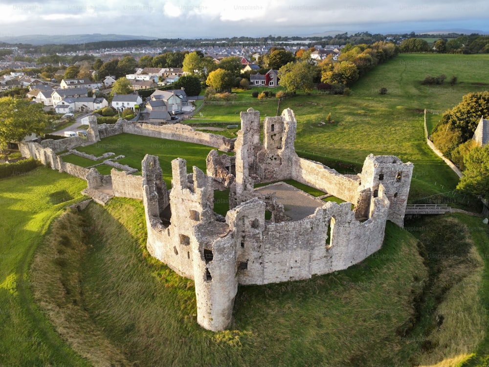 An aerial of the ruins of the Coity castle in South Wales.