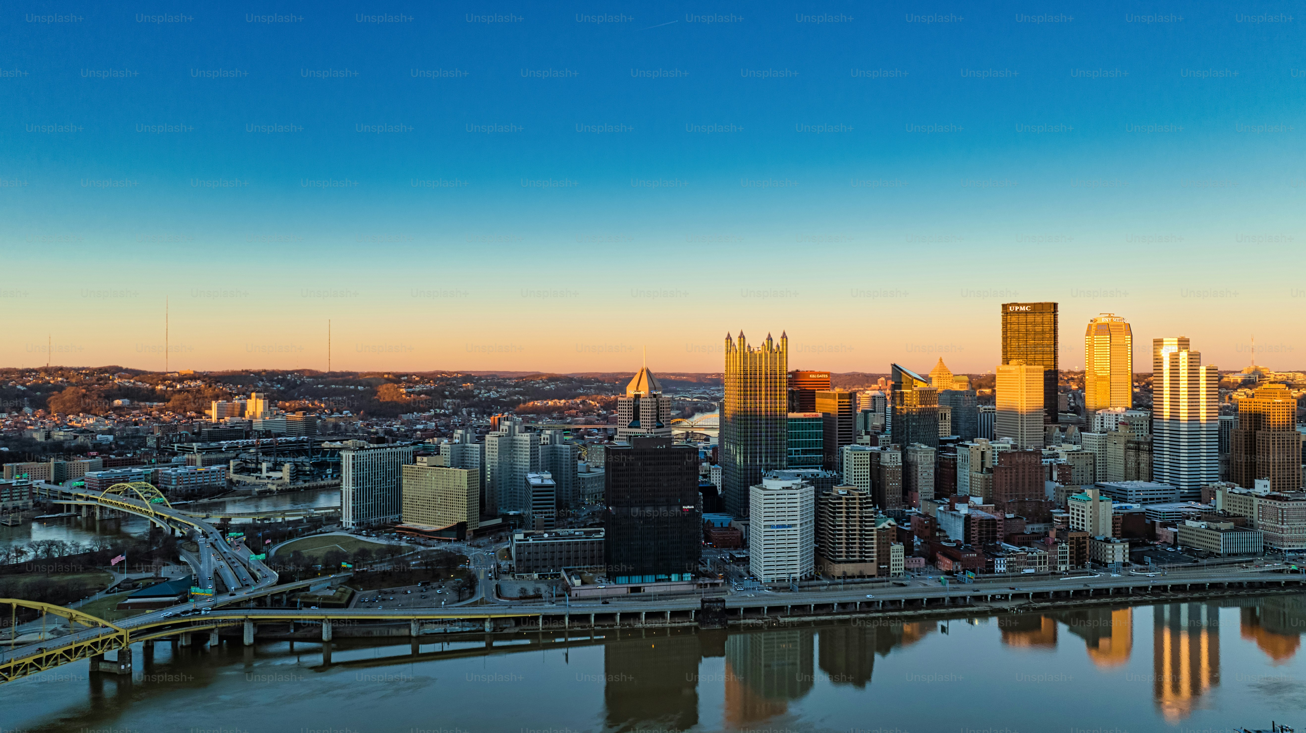 A beautiful view of the Pittsburgh cityscape with a cloudless sky background