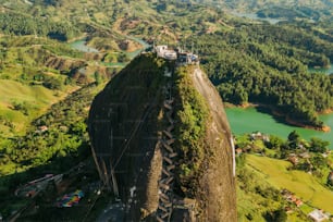 An aerial beautiful shot of Piedra El Penol, Guatape Antioquia in Colombia