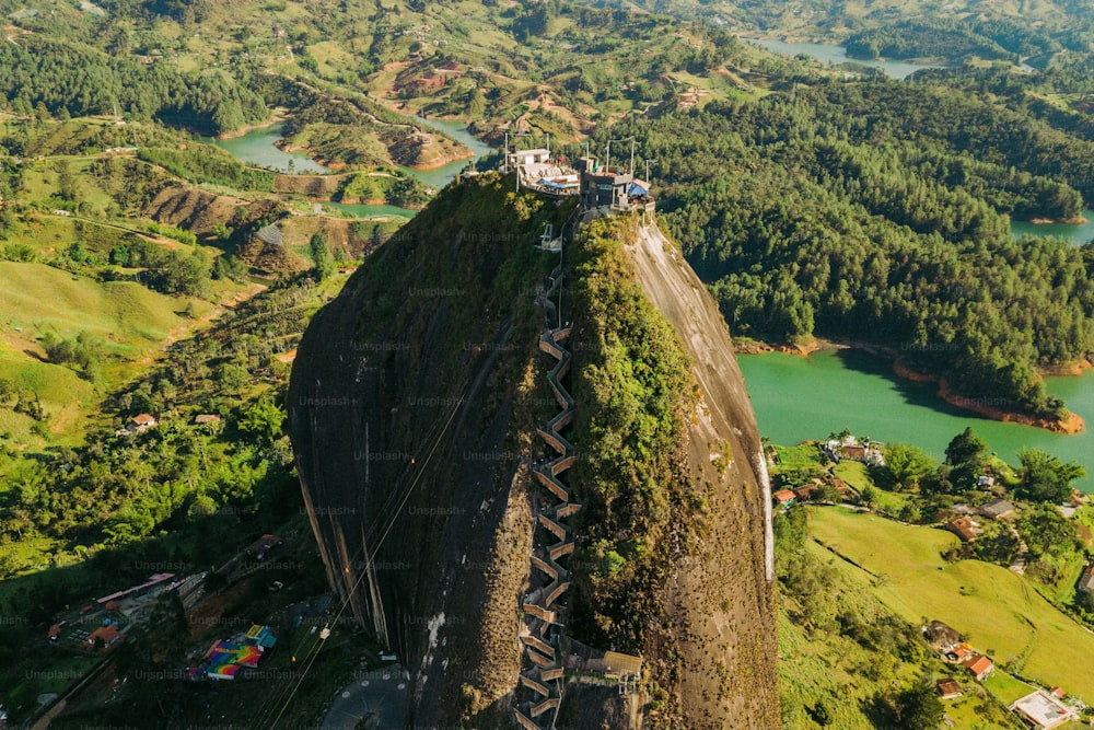 An aerial beautiful shot of Piedra El Penol, Guatape Antioquia in Colombia