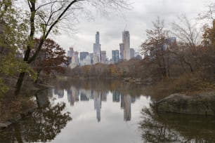 Die Skyline von Manhattan spiegelt sich in einem See im Central Park, ein bewölkter Wintertag, einige Bäume haben ihre Blätter verloren