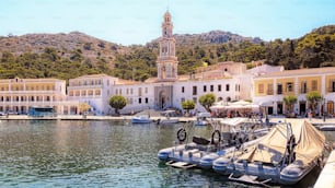 The panormitis monastery is located on the Greek island of Symi, a part of the Dodecanese island group