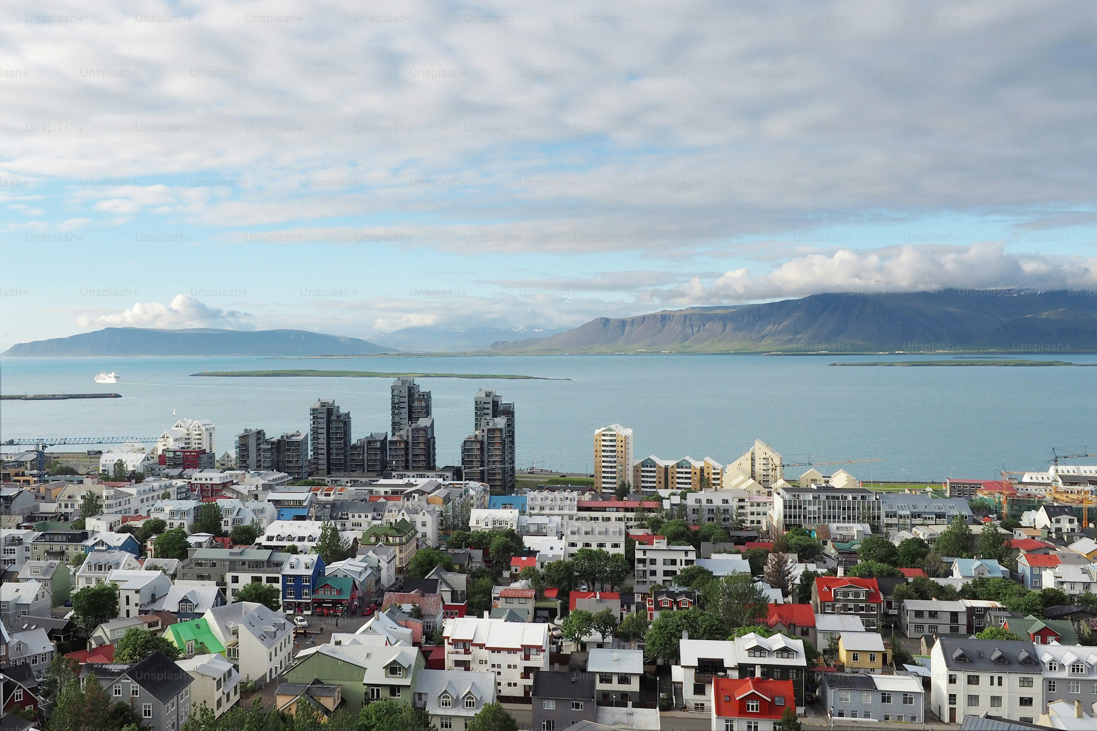 An aerial shot of a Reykjavik city on a cloudy day