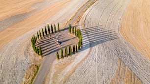 An aerial view of San Quirico d'Orcia on a sunny day, in Italy