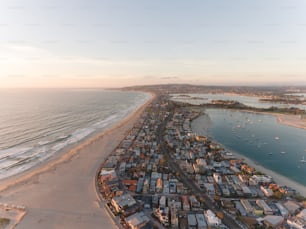 An aerial shot of the shore of San Diego, California, surrounded by the ocean