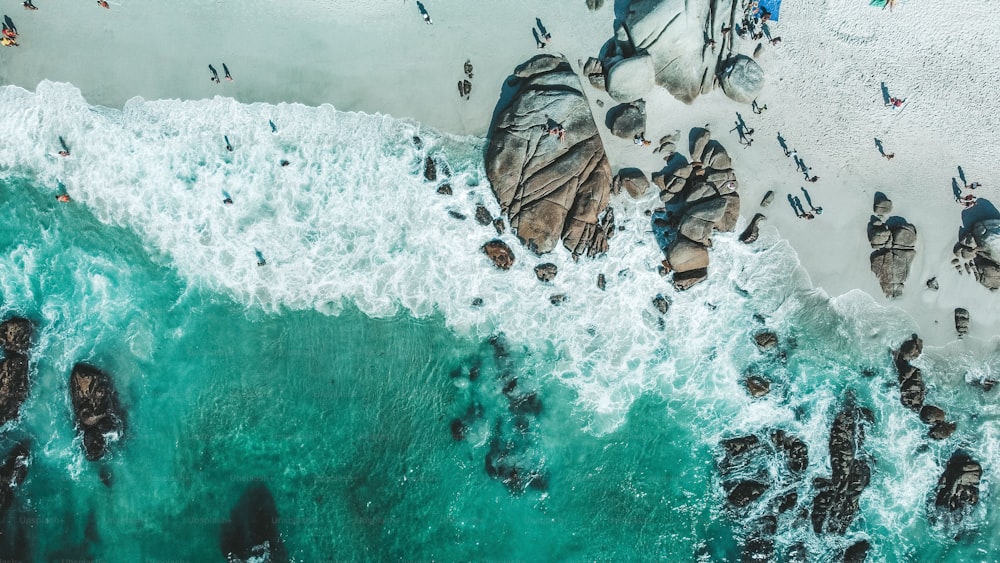 An aerial drone shot of the Clifton Beach in Cape Town, South Africa