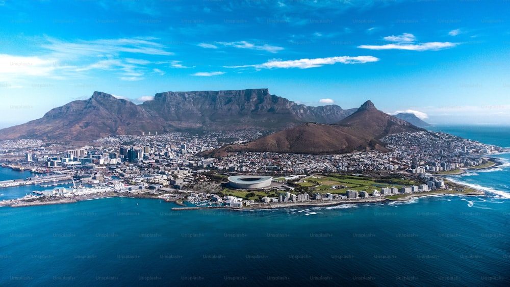 An aerial view of the city of Cape Town and Lion's head mountain in South Africa
