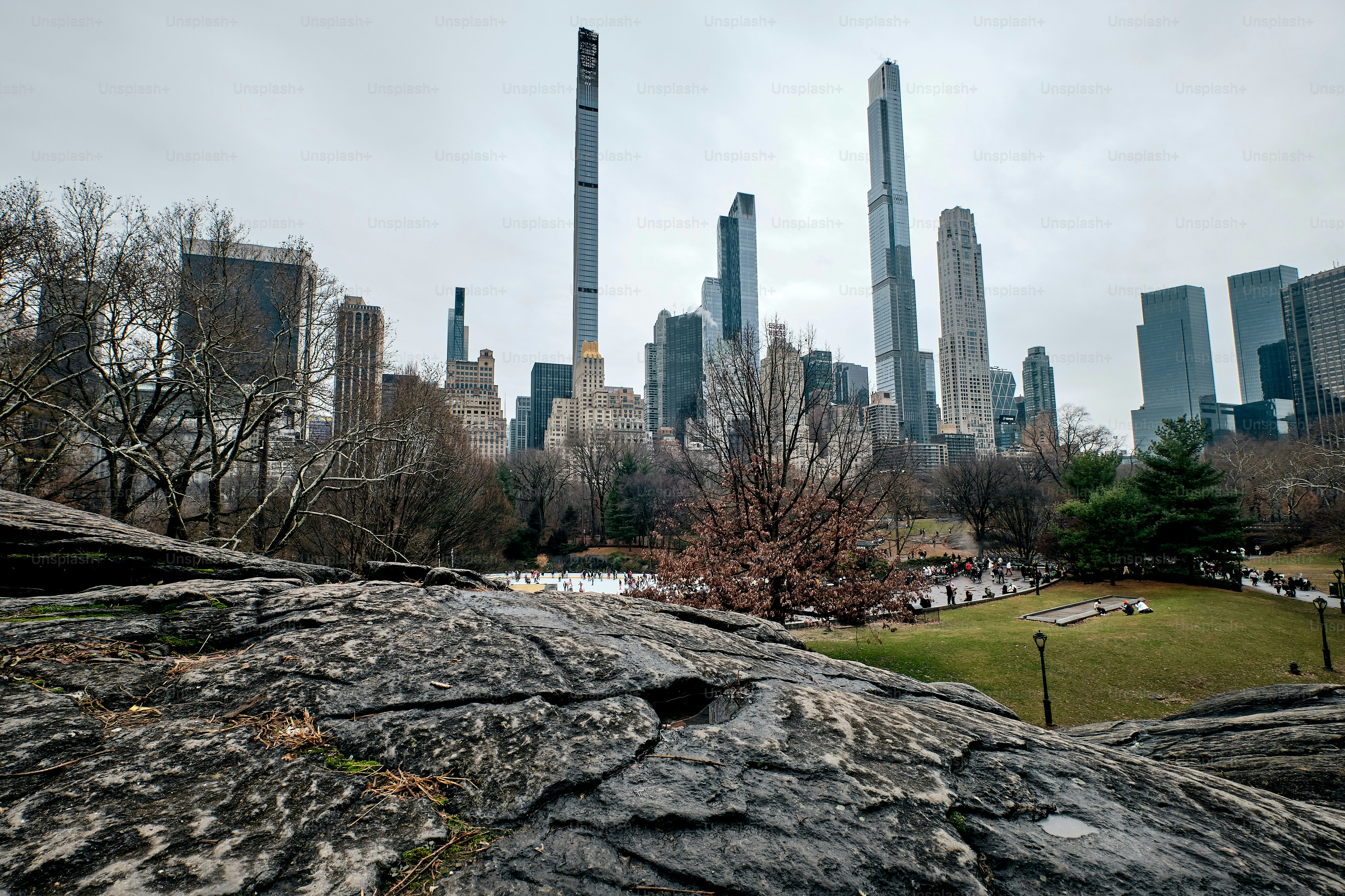 Ein malerischer Blick auf den Central Park vor den Wolkenkratzern von Manhattan in New York, USA an einem bewölkten Tag