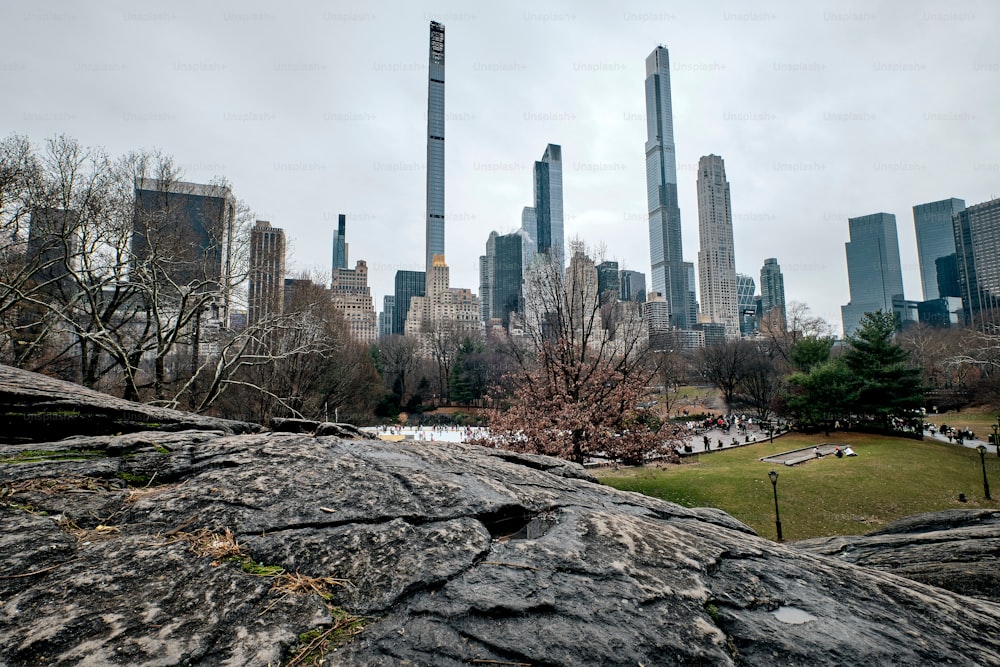 Ein malerischer Blick auf den Central Park vor den Wolkenkratzern von Manhattan in New York, USA an einem bewölkten Tag