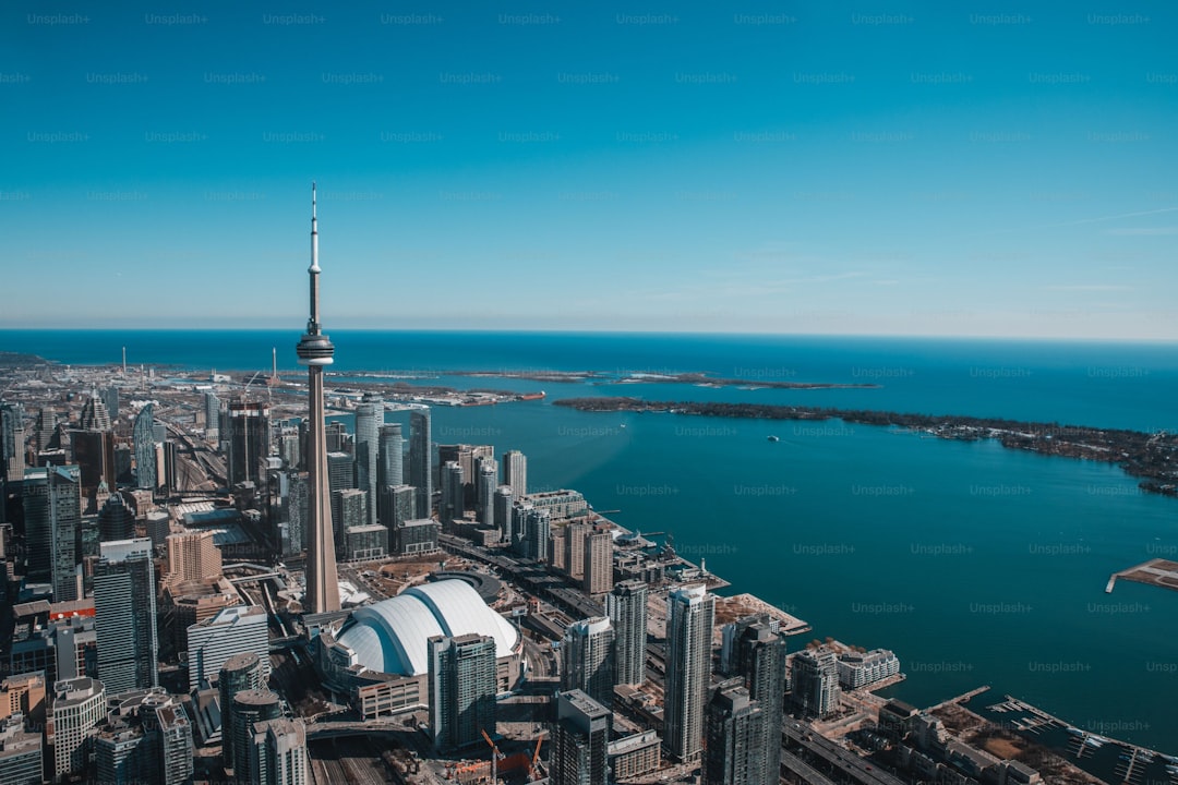 An aerial view of Toronto skyline in Ontario, Canada captured in winter