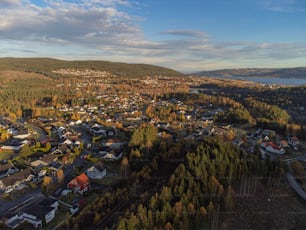 An aerial view of the villages and cityscape of the Oslo, Norway