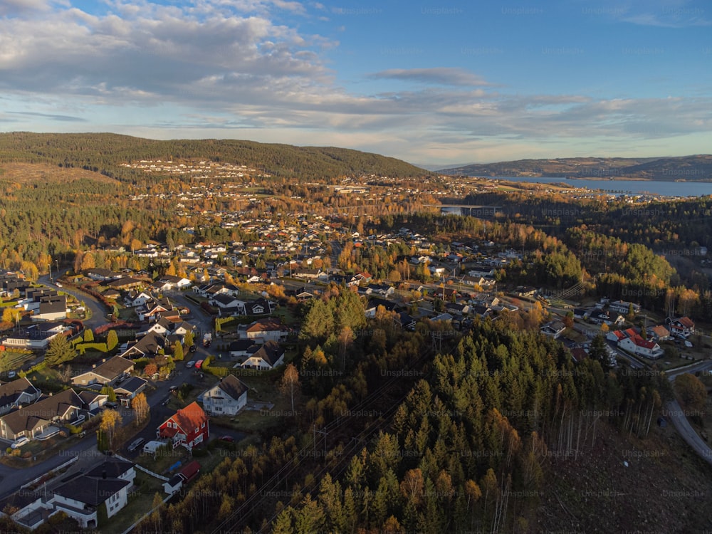 An aerial view of the villages and cityscape of the Oslo, Norway