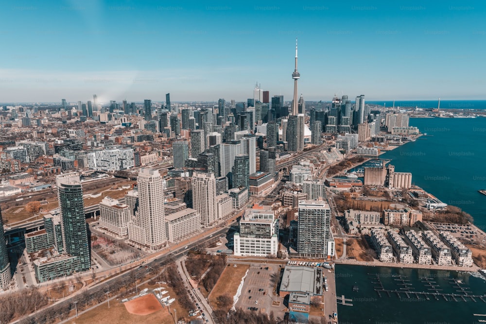 An aerial view of Toronto skyline in Ontario, Canada captured in winter