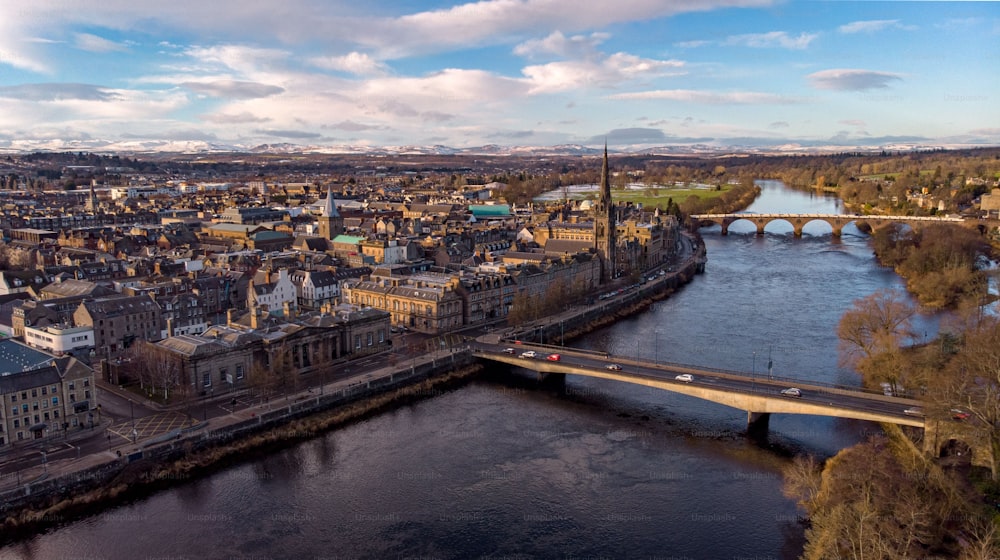 An aerial view of the city Perth in Scotland
