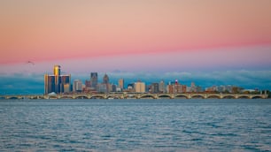 Un paesaggio urbano panoramico di Detroit con un cielo rosa al tramonto e un paesaggio acquatico