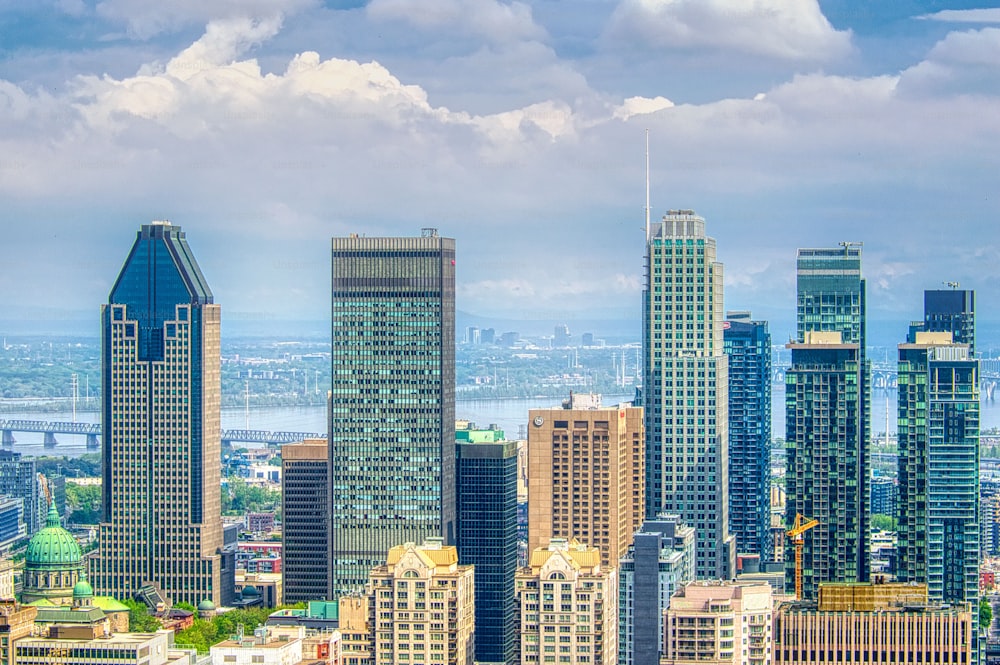 Una vista horizontal del paisaje urbano de Montreal con muchos rascacielos de vidrio vistos desde Mount Royal