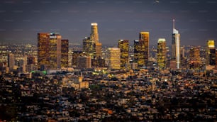 A cityview of Los Angeles skyline at night