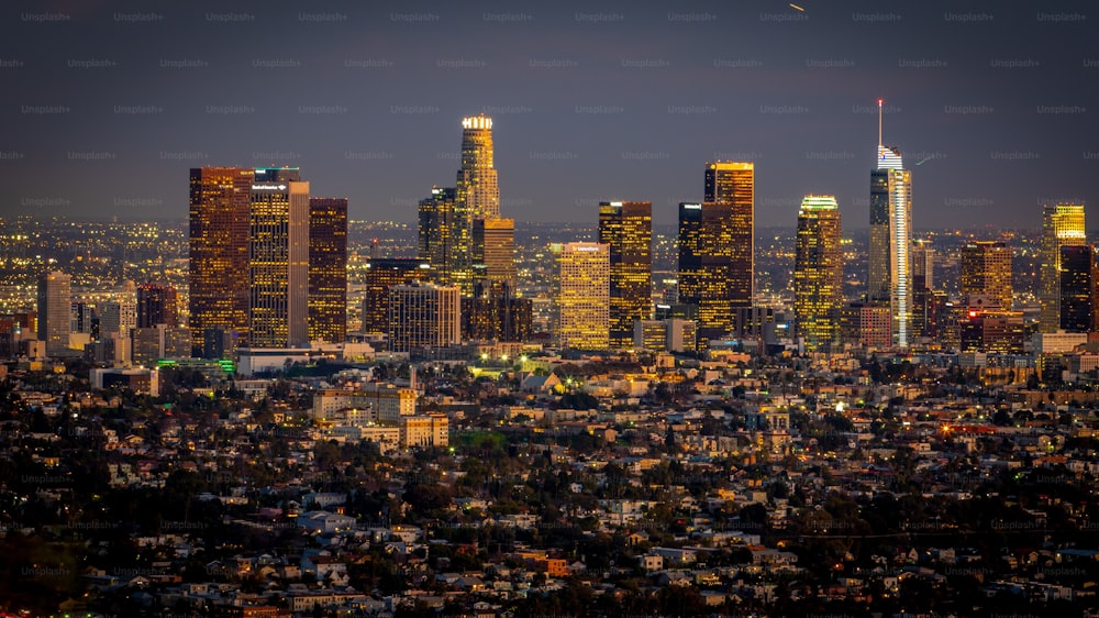 A cityview of Los Angeles skyline at night