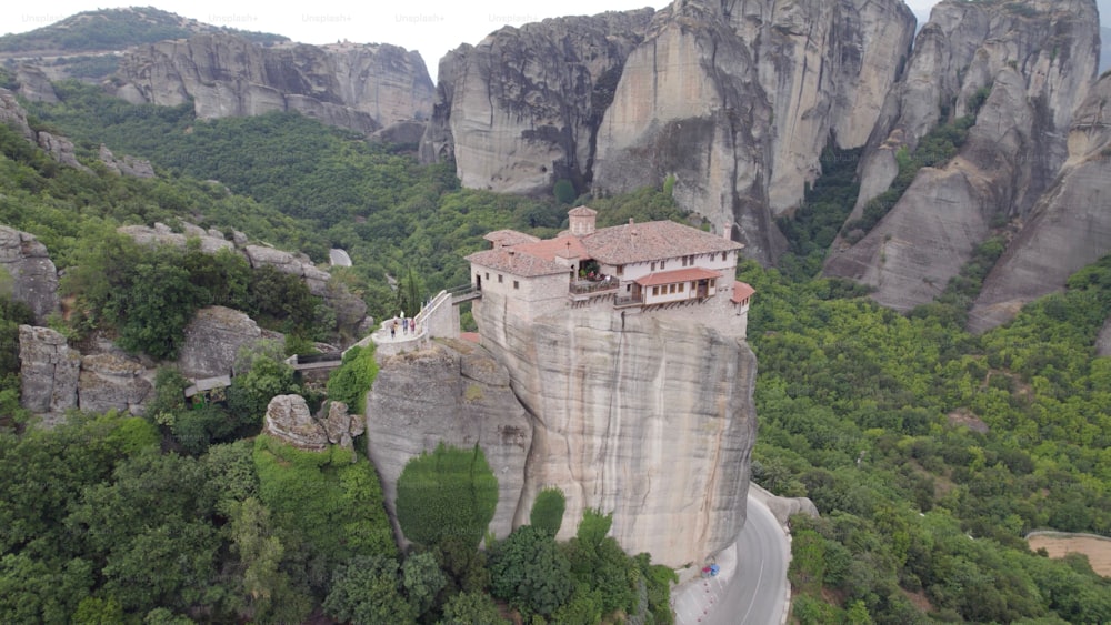 An aerial view of monastery of Rousanou in Meteora