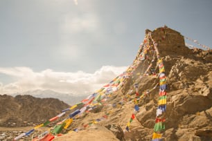 Drapeaux tibétains suspendus à un temple bouddhiste au Ladakh, en Inde