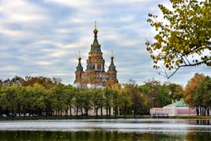 The Cathedral of Peter and Paul in Petergof against a blue cloudy sky