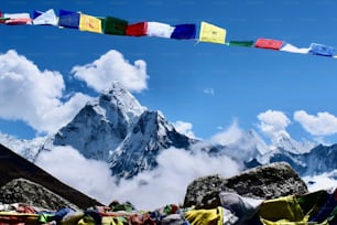 A beautiful shot of mount Everest with prayer flags in the foreground