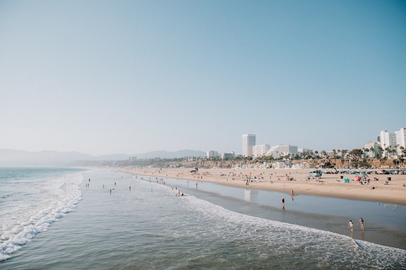 Santa Monica Beach with pier and palm trees in Los Angeles
