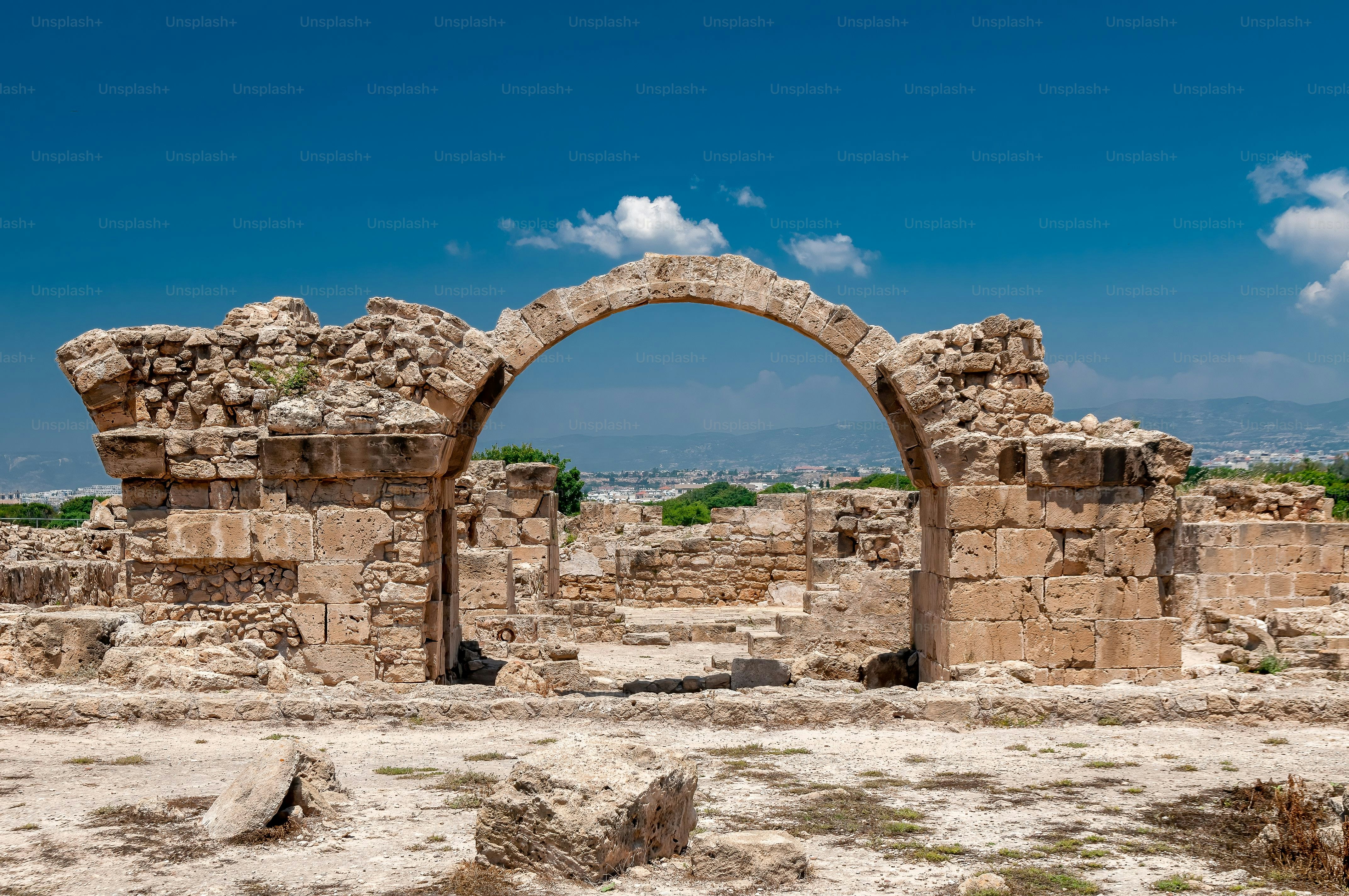 A beautiful view of ruins in the Paphos Archaeological Park, Cyprus