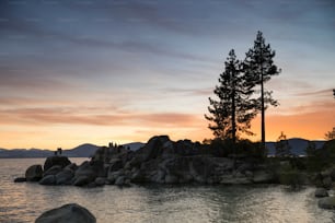 A beautiful view of Lake Tahoe at sunset in the USA.