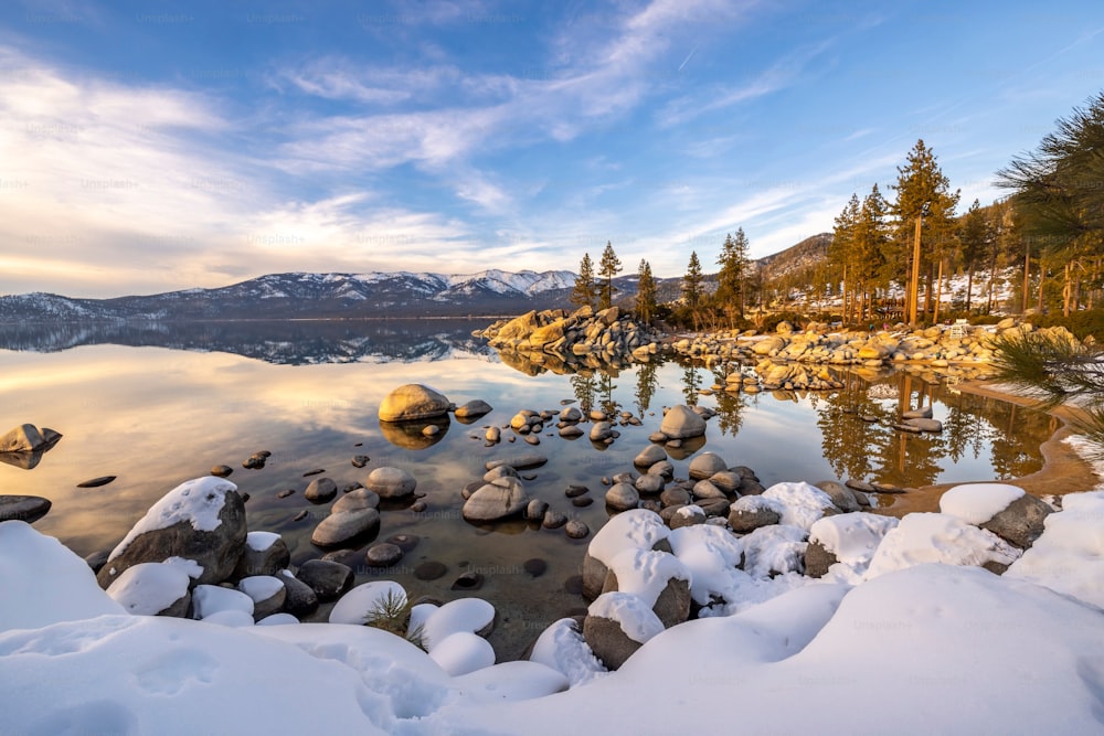 A landscape of lake Tahoe surrounded by greenery and snow in the USA