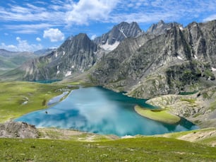 A beautiful landscape of Lake Krishansar with cliffs in the background in Jammu and Kashmir, India