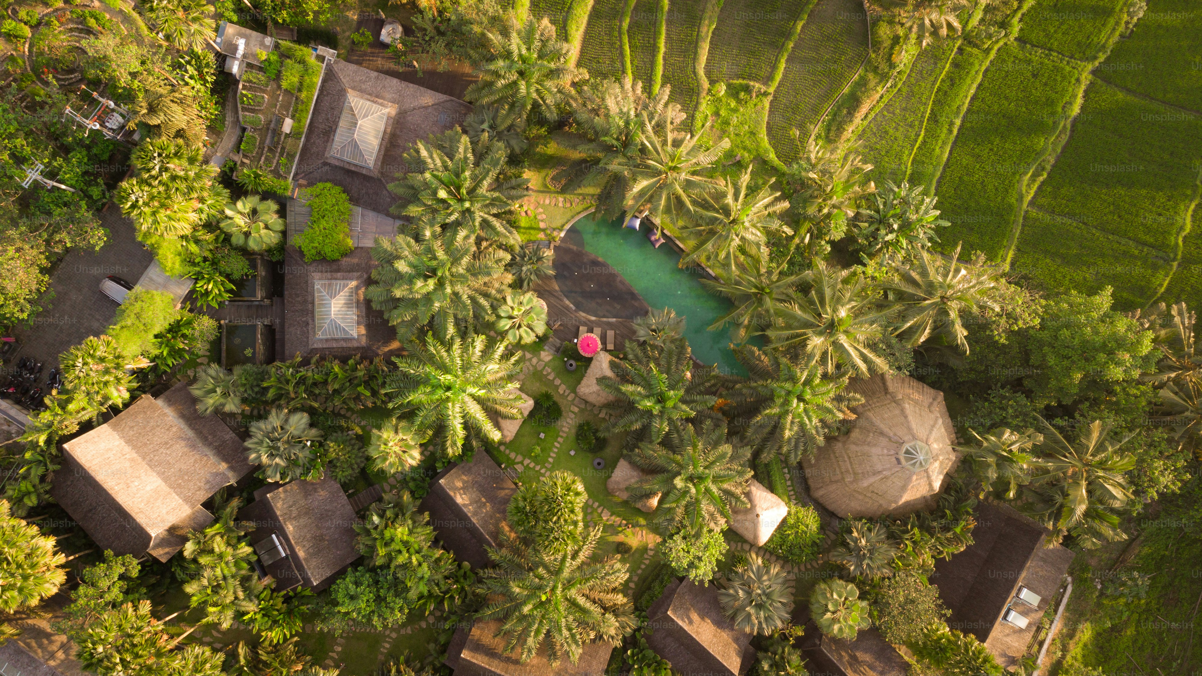 Vista aérea de un pintoresco complejo turístico en Ubud, Bali, Indonesia