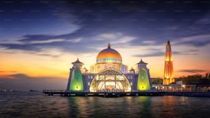 A scenic sunset view at the Melaka Straits Mosque Masjid Selat Melaka, Malaysia